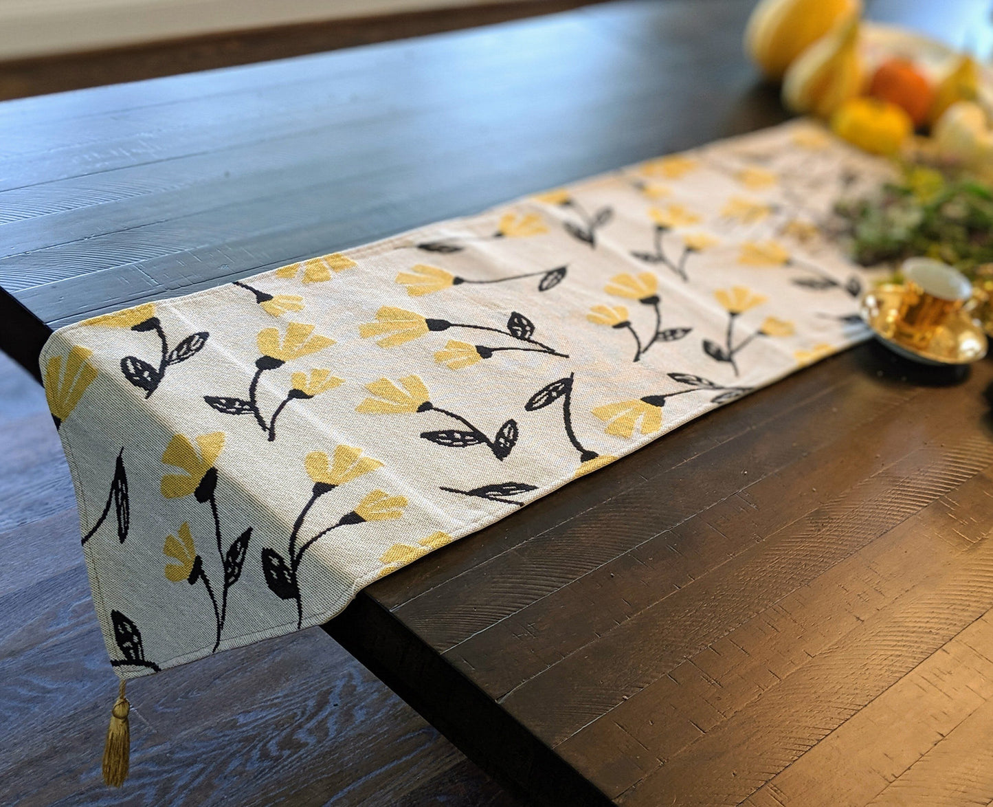 Yellow Fleur Floral Garden Woven Tapestry Dining Table Runner