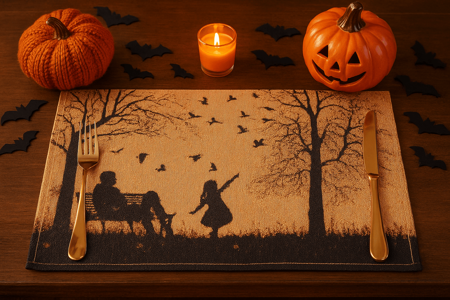 Set of 4 Pieces Autumn Birds Blessing Tapestry Dining Placemats 13" x 19" (Halloween)
