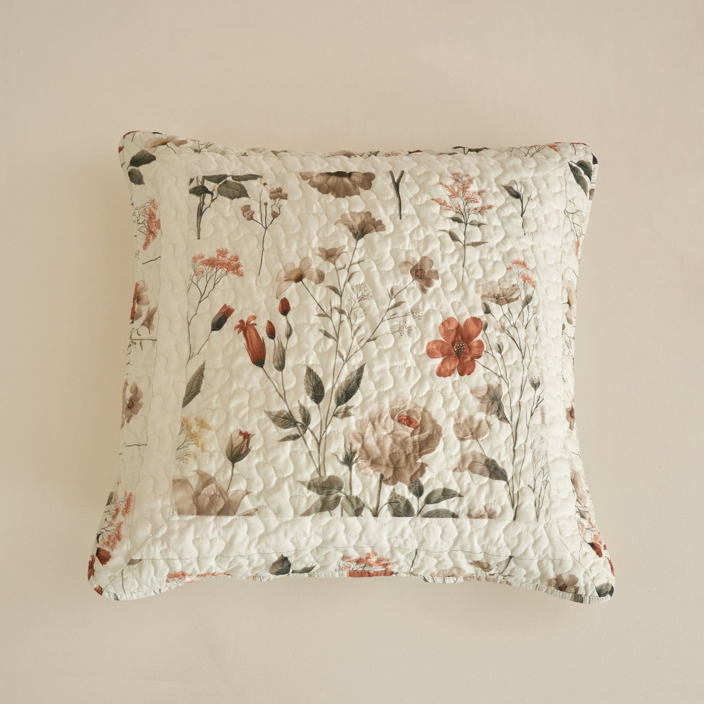 Enchanted Meadow Floral Euro Pillow Cover - Beige Rose Green 26" x 26"