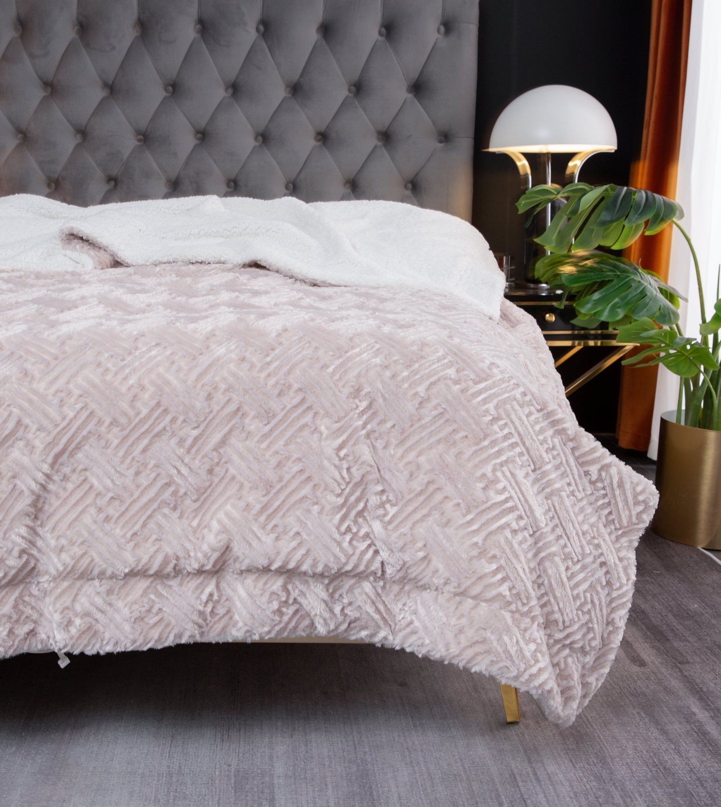 Lavender Grey Faux Fur Throw Blanket - Dreamy Geometric Embossed Sherpa Backside - Super Soft Warm Cozy Plush Fluffy
