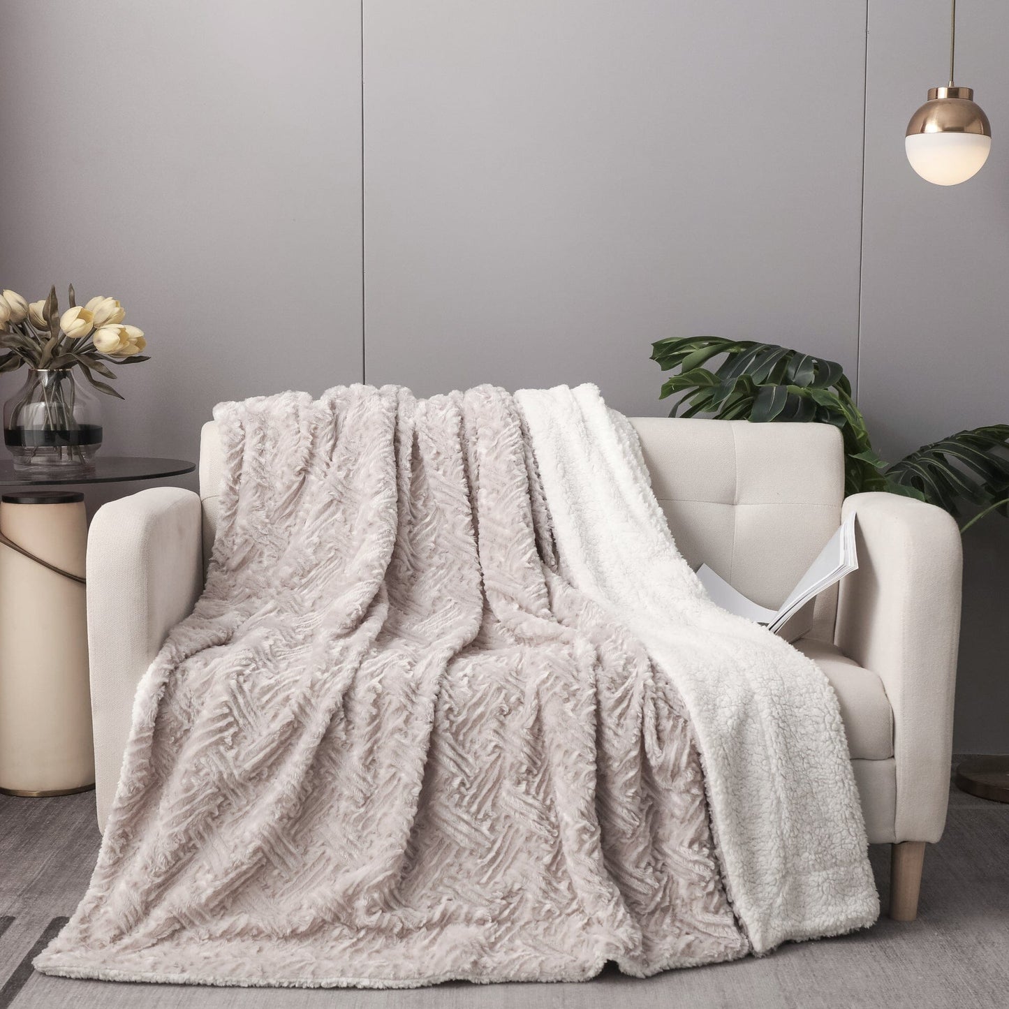 Lavender Grey Faux Fur Throw Blanket - Dreamy Geometric Embossed Sherpa Backside - Super Soft Warm Cozy Plush Fluffy
