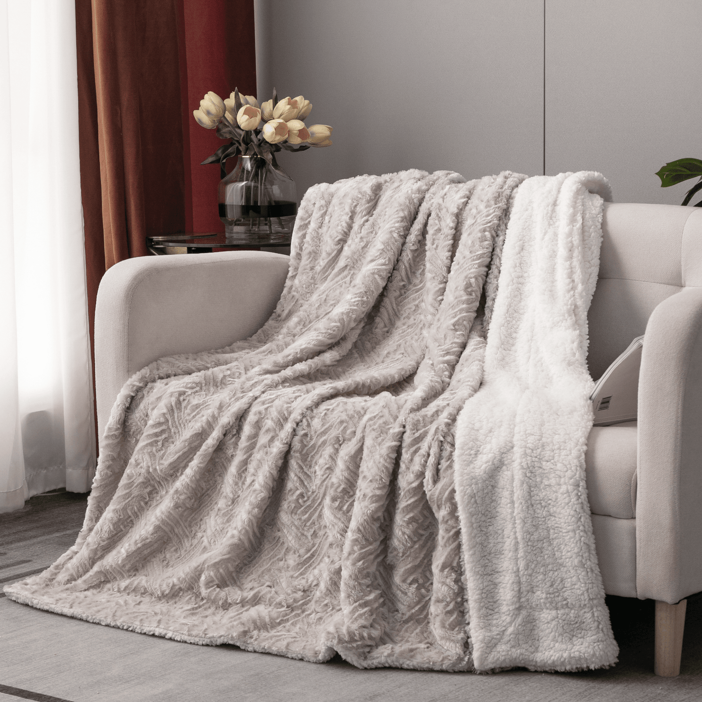 Lavender Grey Faux Fur Throw Blanket - Dreamy Geometric Embossed Sherpa Backside - Super Soft Warm Cozy Plush Fluffy
