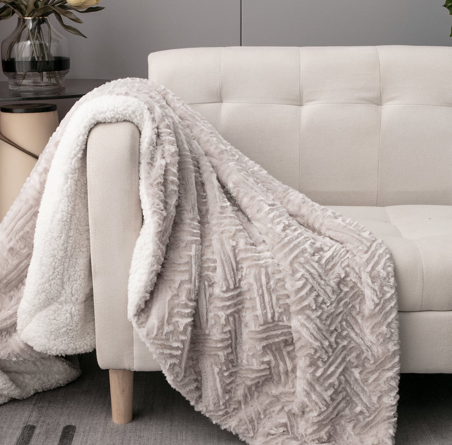 Lavender Grey Faux Fur Throw Blanket - Dreamy Geometric Embossed Sherpa Backside - Super Soft Warm Cozy Plush Fluffy
