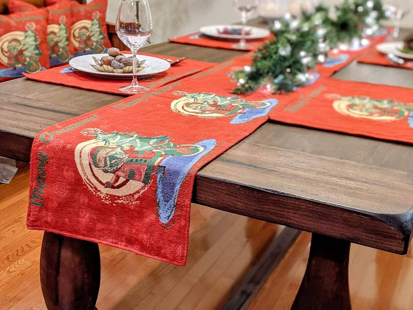 Red Santa Claus Christmas Tree Woven Tapestry Dining Table Runner