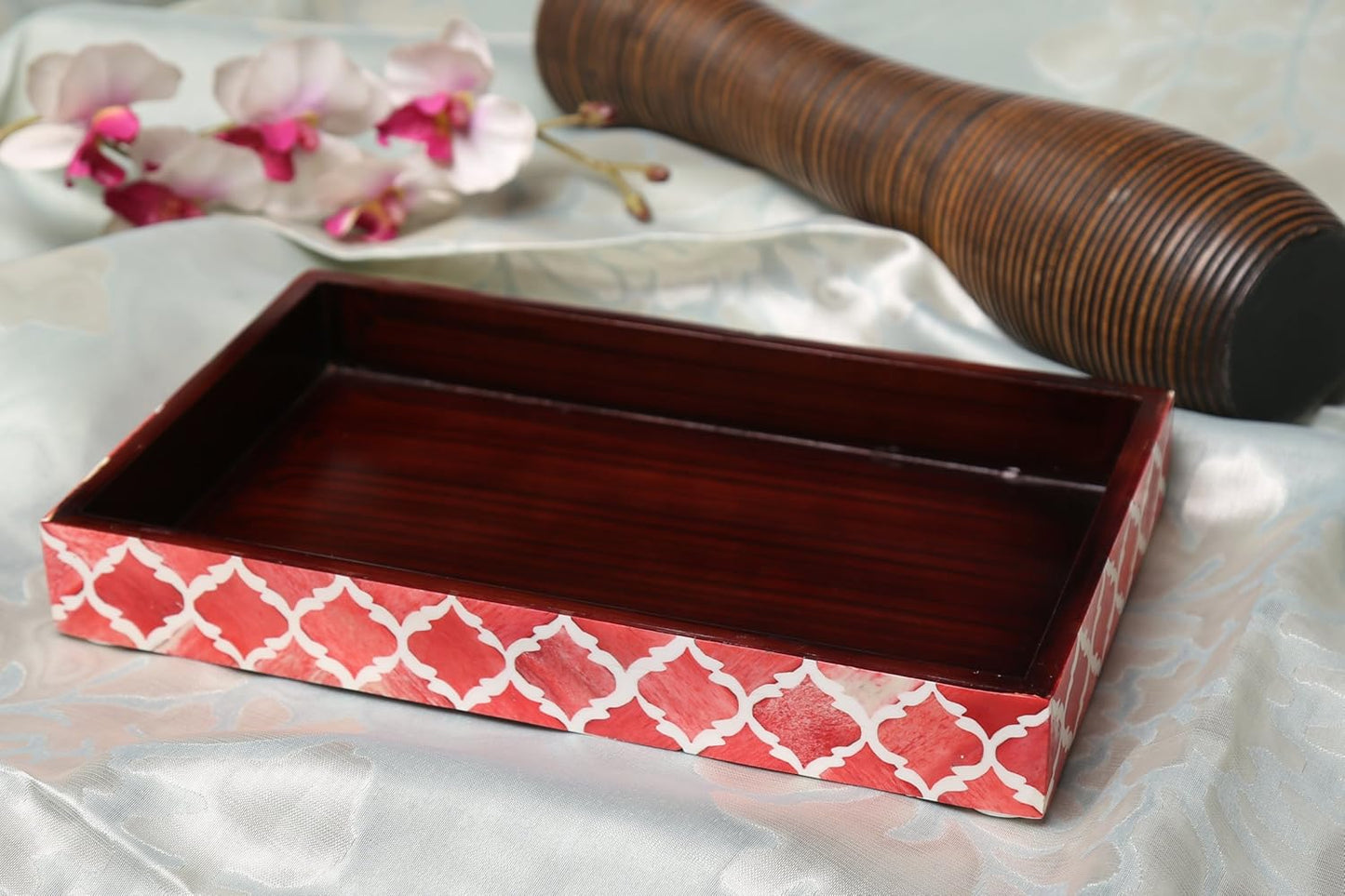 Vanity Trays Moroccan Pattern Bone & Resin Inlay Collection in 10x6, Red & White
