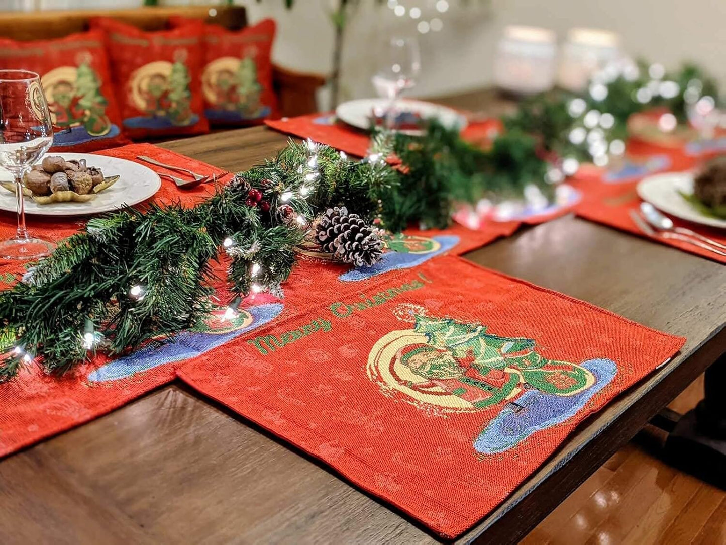 Red Santa Claus Christmas Tree Woven Tapestry Dining Table Runner