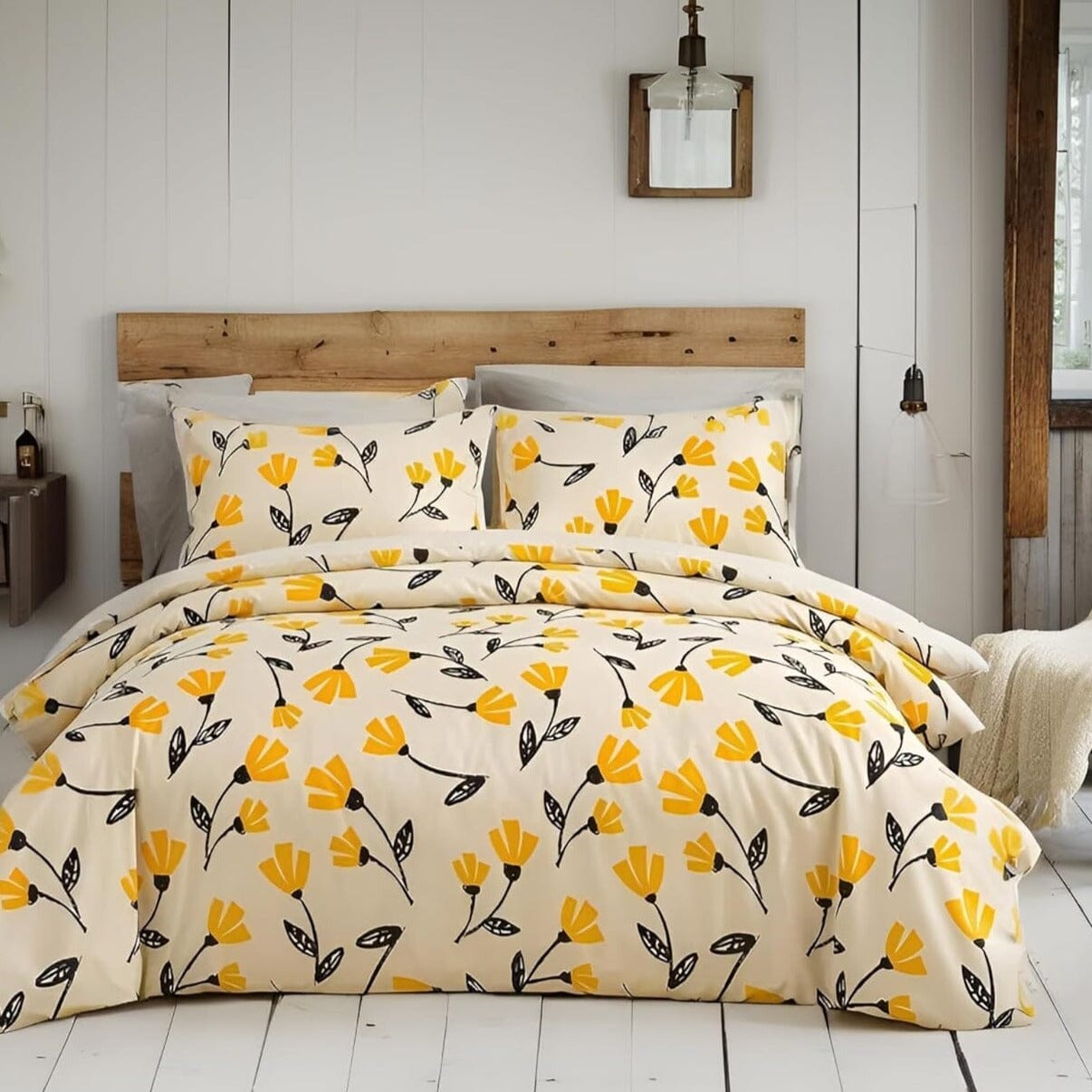 Yellow Fleur Floral Golden Orange Ivory Duvet Cover Set w/ Pillow Cases