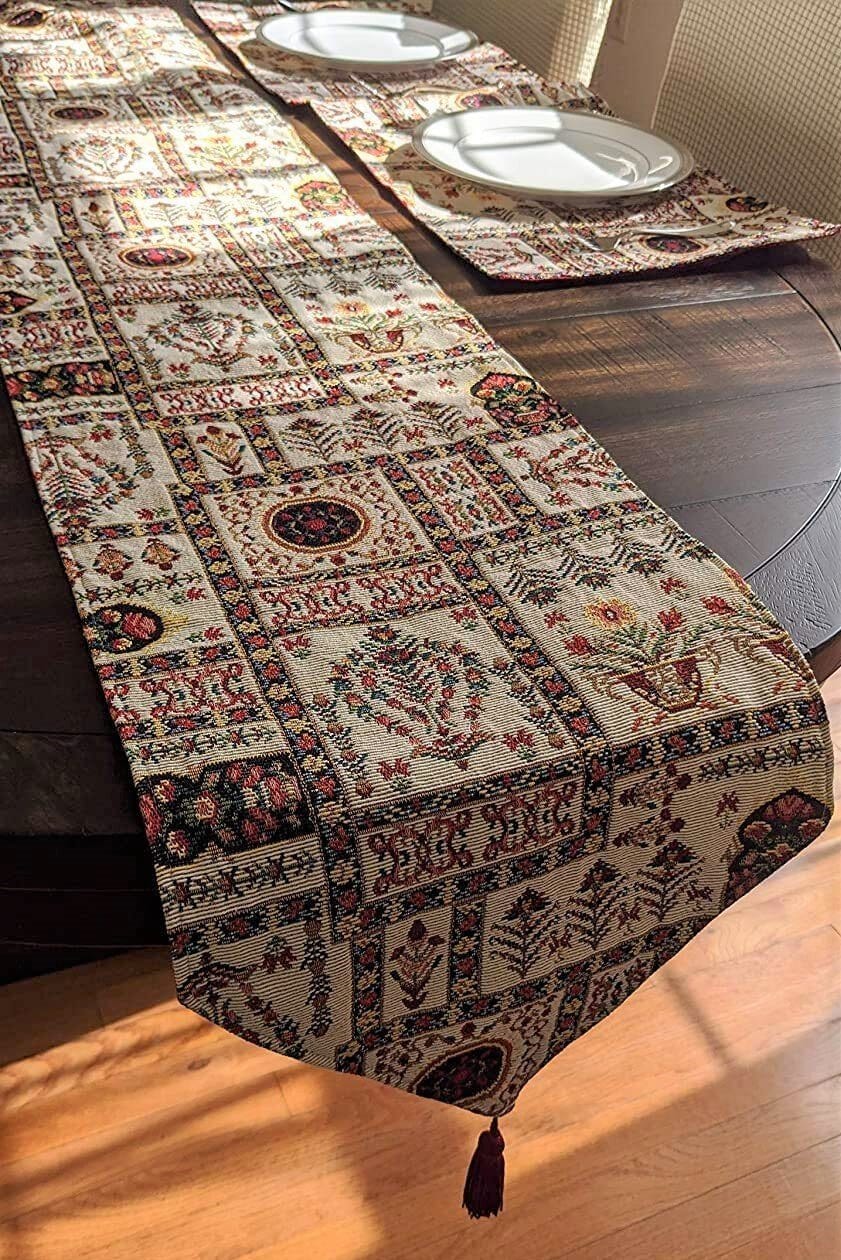 Cottage Mughal Floral Woven Tapestry Table Runner, Light Fleur White Botanical Vintage (18196)