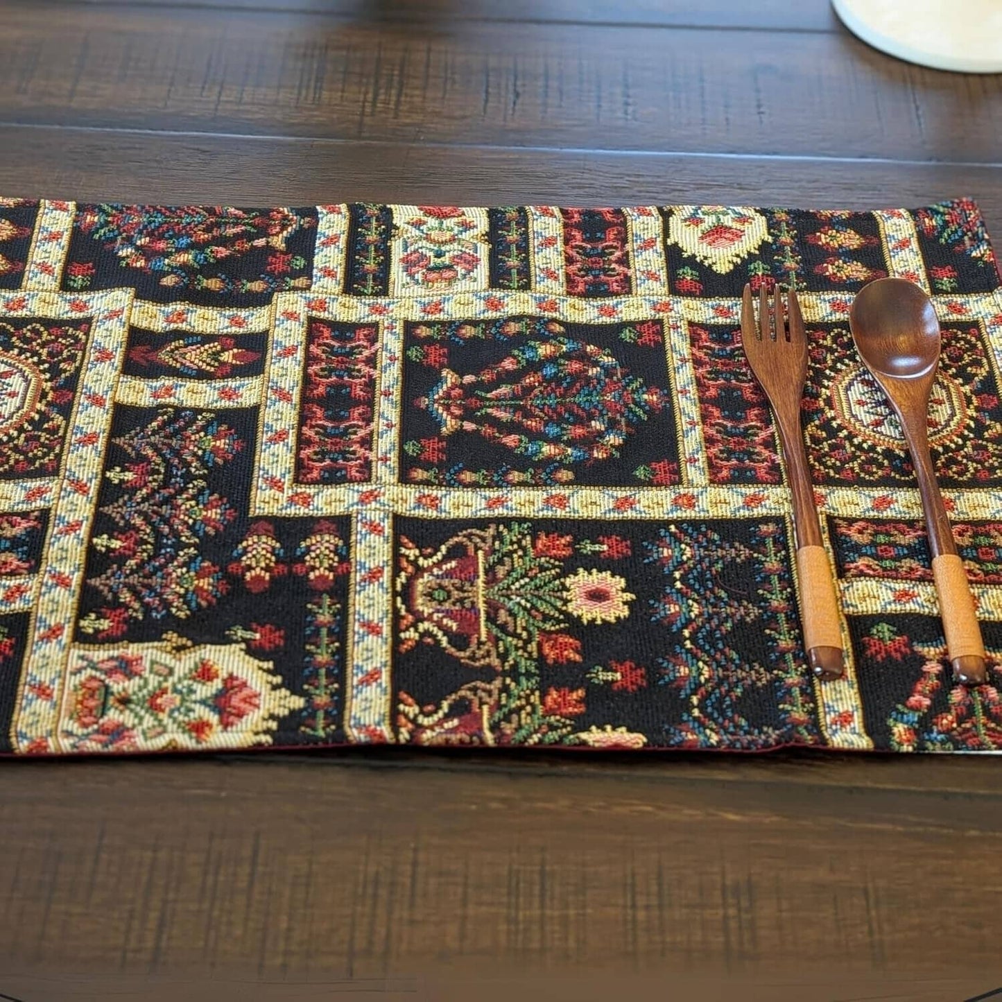 Set of 4-Pieces Dark Noir Mughal Floral Botanical Vintage Fleur Tapestry Placemats 13" x 19" (18197)