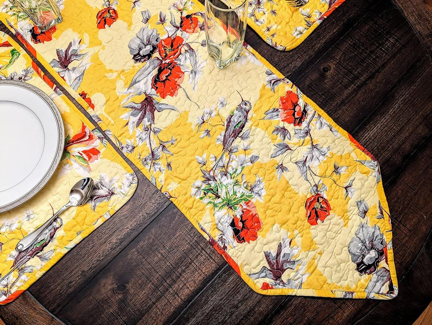 Sunshine Yellow Floral Vintage Hummingbirds Garden Table Runner
