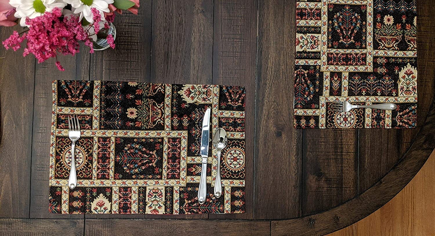 Set of 4-Pieces Dark Noir Mughal Floral Botanical Vintage Fleur Tapestry Placemats 13" x 19" (18197)