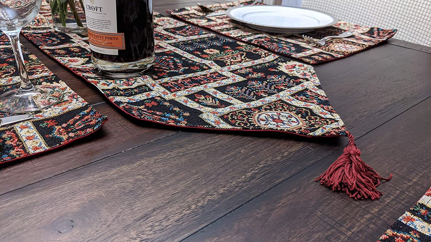 Elegant Woven Mughal Floral Tapestry Table Runner, Dark Noir Botanical Vintage Fleur (18197)