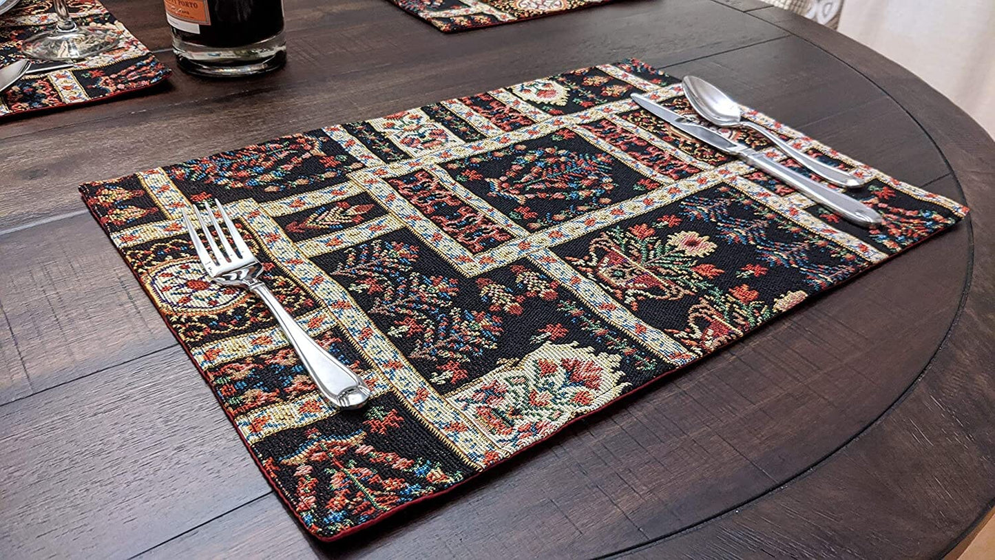 Set of 4-Pieces Dark Noir Mughal Floral Botanical Vintage Fleur Tapestry Placemats 13" x 19" (18197)
