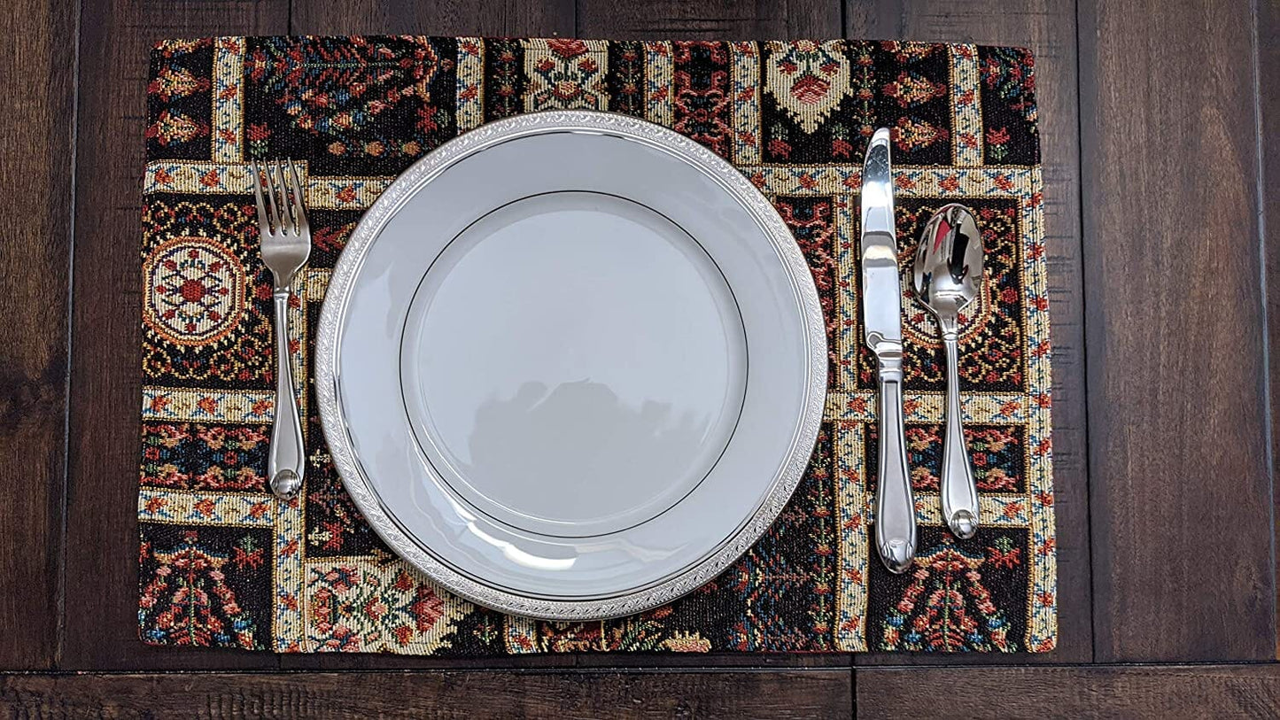 Set of 4-Pieces Dark Noir Mughal Floral Botanical Vintage Fleur Tapestry Placemats 13" x 19" (18197)