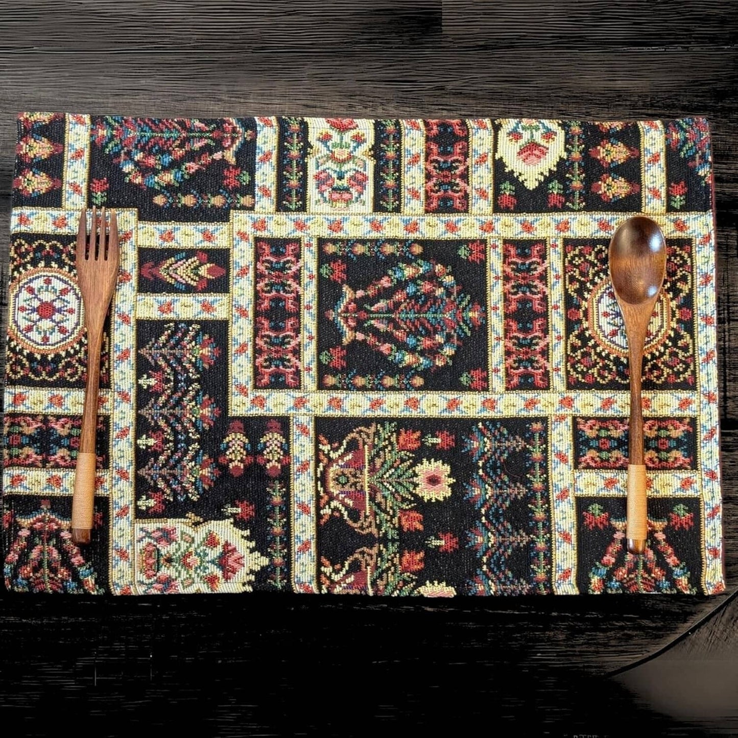 Set of 4-Pieces Dark Noir Mughal Floral Botanical Vintage Fleur Tapestry Placemats 13" x 19" (18197)