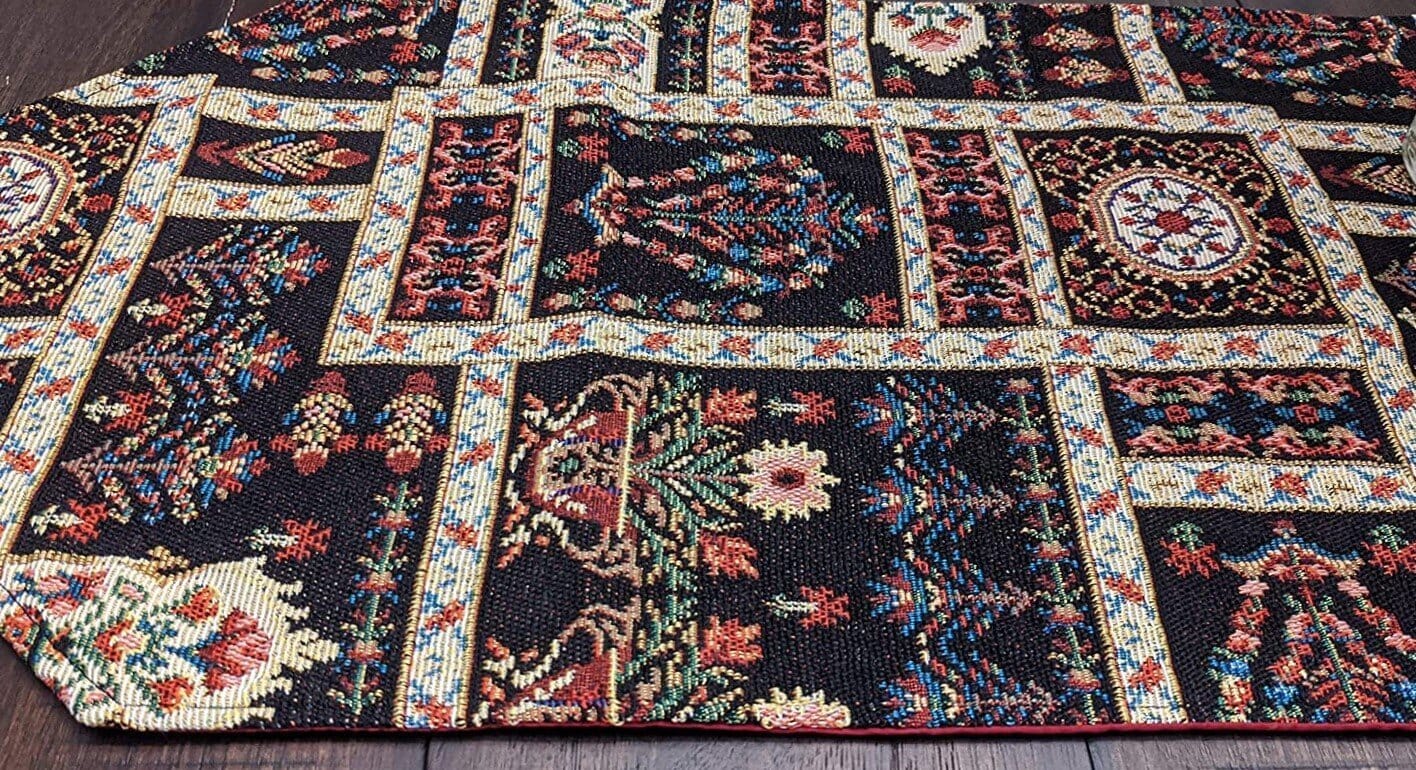 Elegant Woven Mughal Floral Tapestry Table Runner, Dark Noir Botanical Vintage Fleur (18197)
