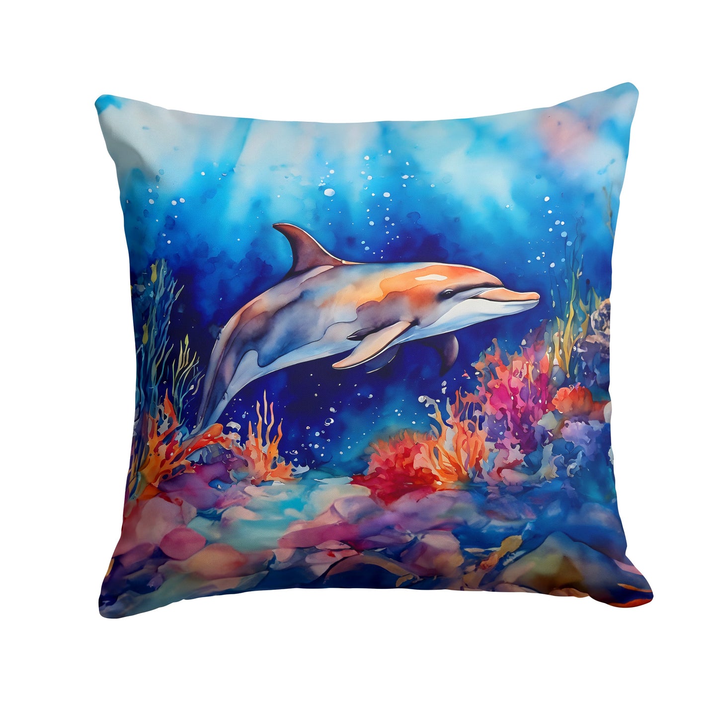 Square throw pillow with watercolor-style dolphin and coral reef design.