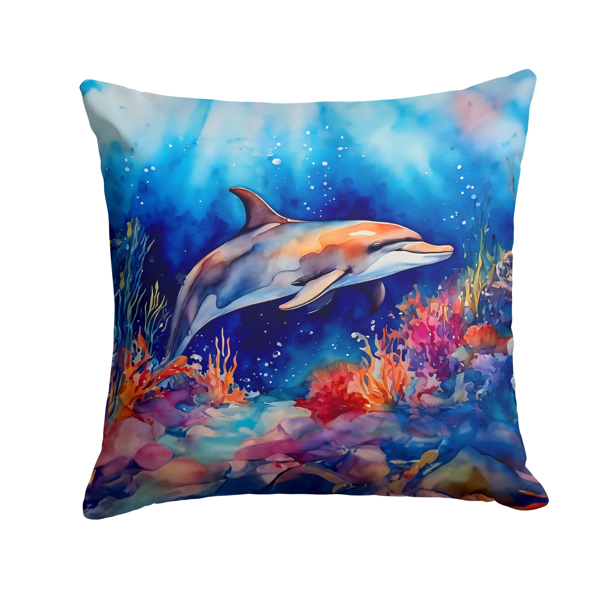 Square throw pillow with watercolor-style dolphin and coral reef design.
