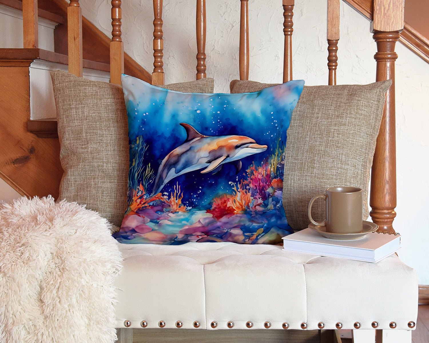 A beige bench with two pillows, one featuring a dolphin, a book, and a mug.