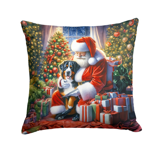 Square decorative pillow depicting Santa Claus with a Bernese Mountain Dog in a Christmas setting.