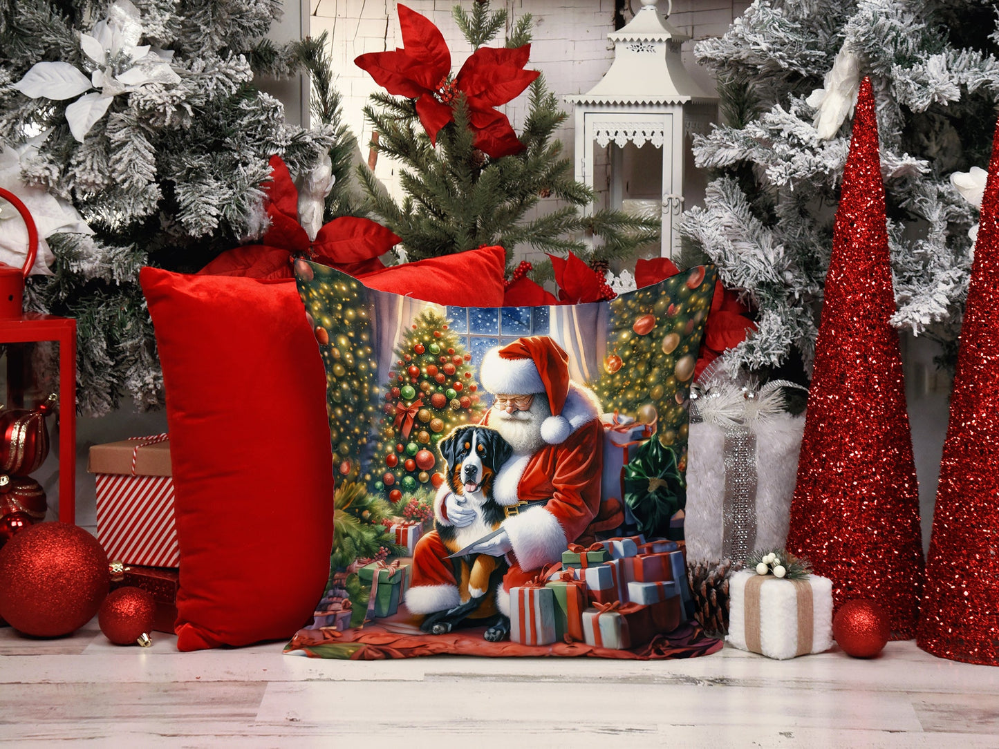 Festive Christmas display with red, white, and green decorations, featuring pillows, ornaments, glittery cones, and wrapped presents. Santa Claus holds a dog on one pillow.