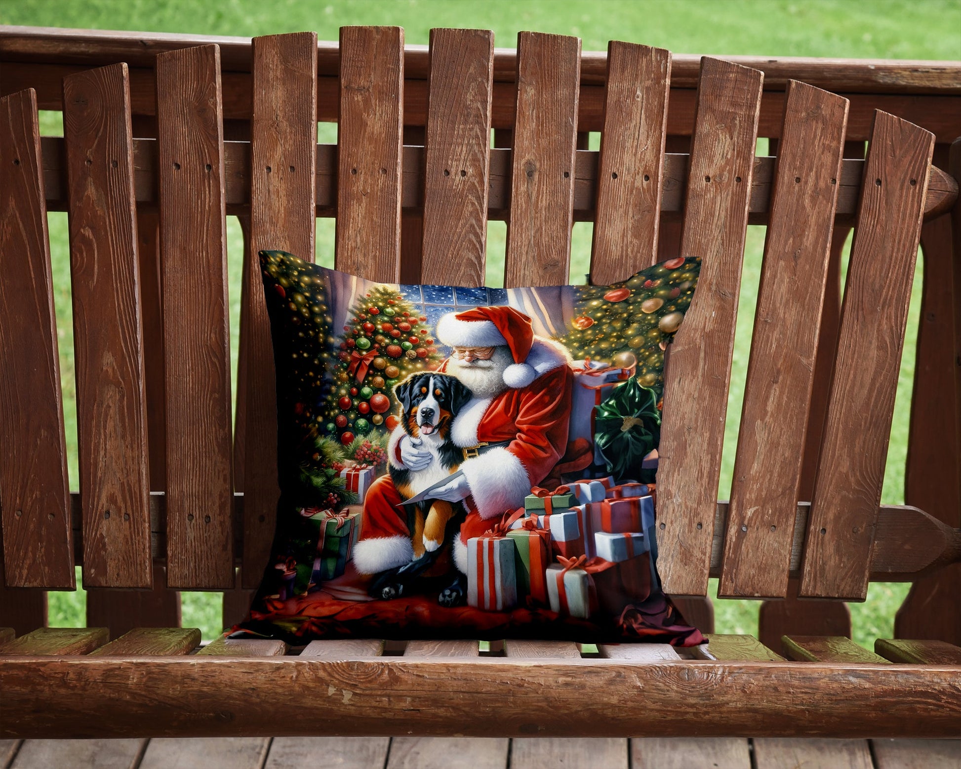 Pillow with Santa Claus and dog sitting on a wooden bench.