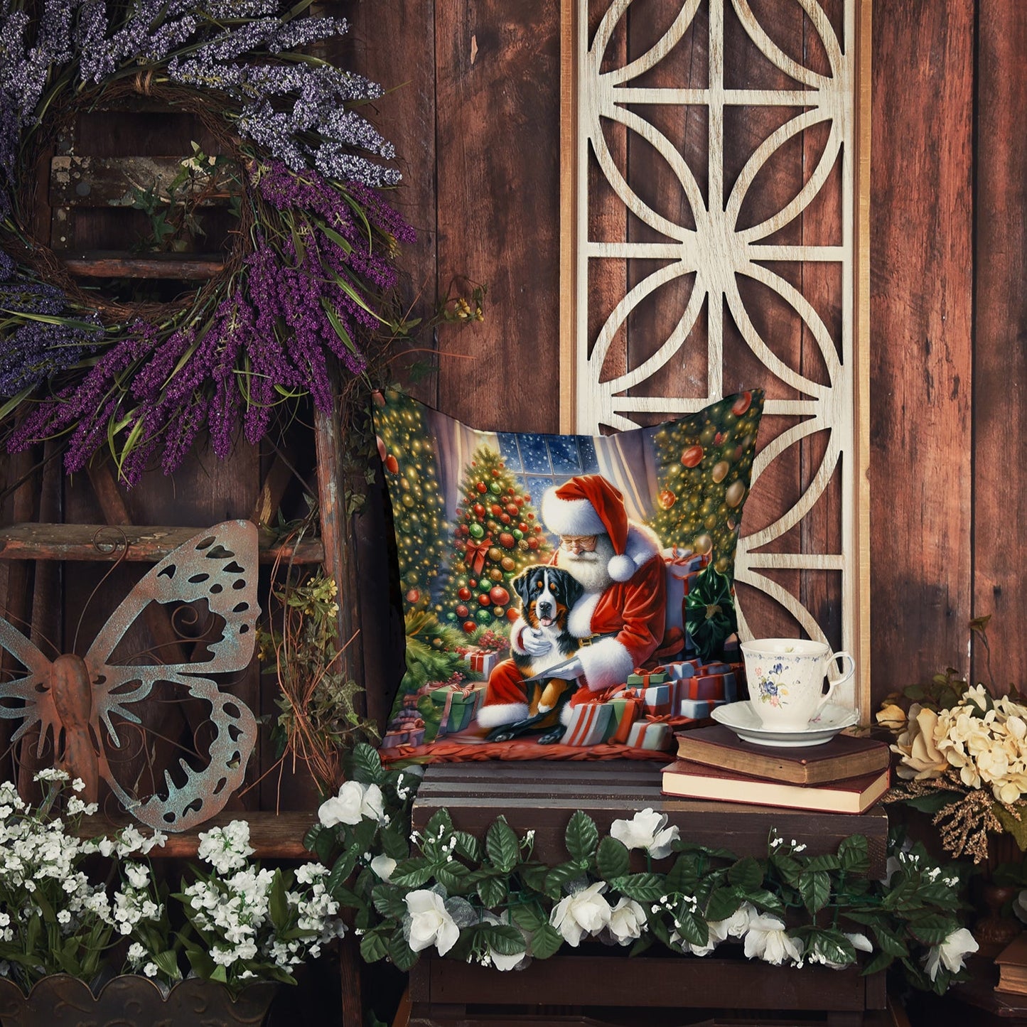 Whimsical holiday setup with a Santa and dog pillow, vintage decorations, and floral accents against a rustic wooden backdrop.