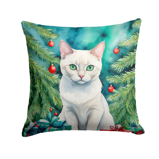 Festive Feline Throw Pillow: White Cat & Tree