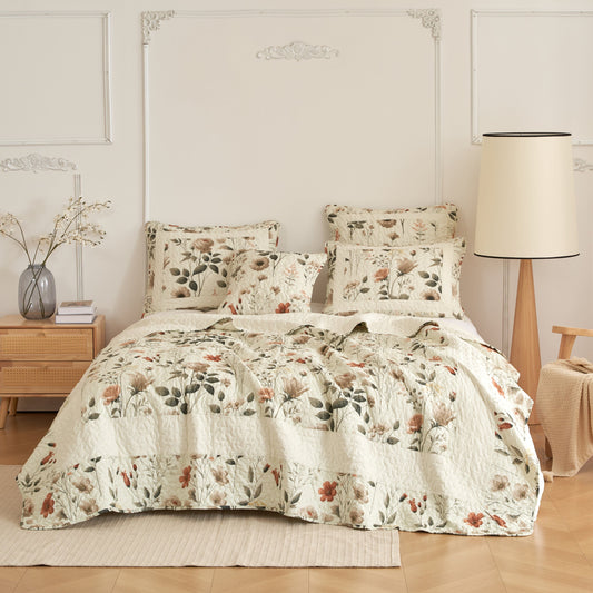 Enchanted Meadow Quilt Set - Victoria Garden Delicate Floral Symphony in Beige, Rose, and Soft Green, Luxuriously Soft Quilted Bedspread Set