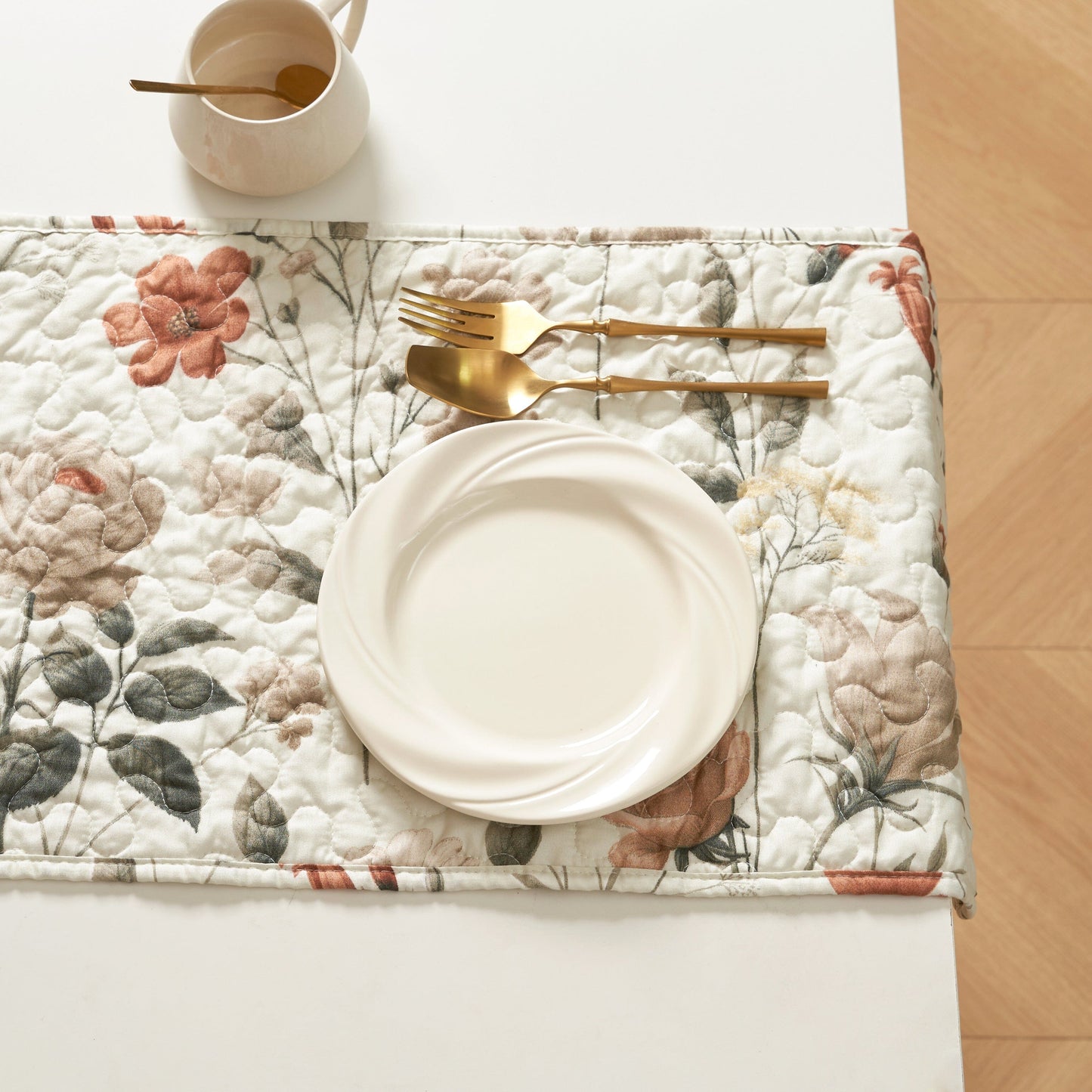 Enchanted Meadow Reversible Dinner Table Runner - Floral Elegance in Beige Rose Olive Green