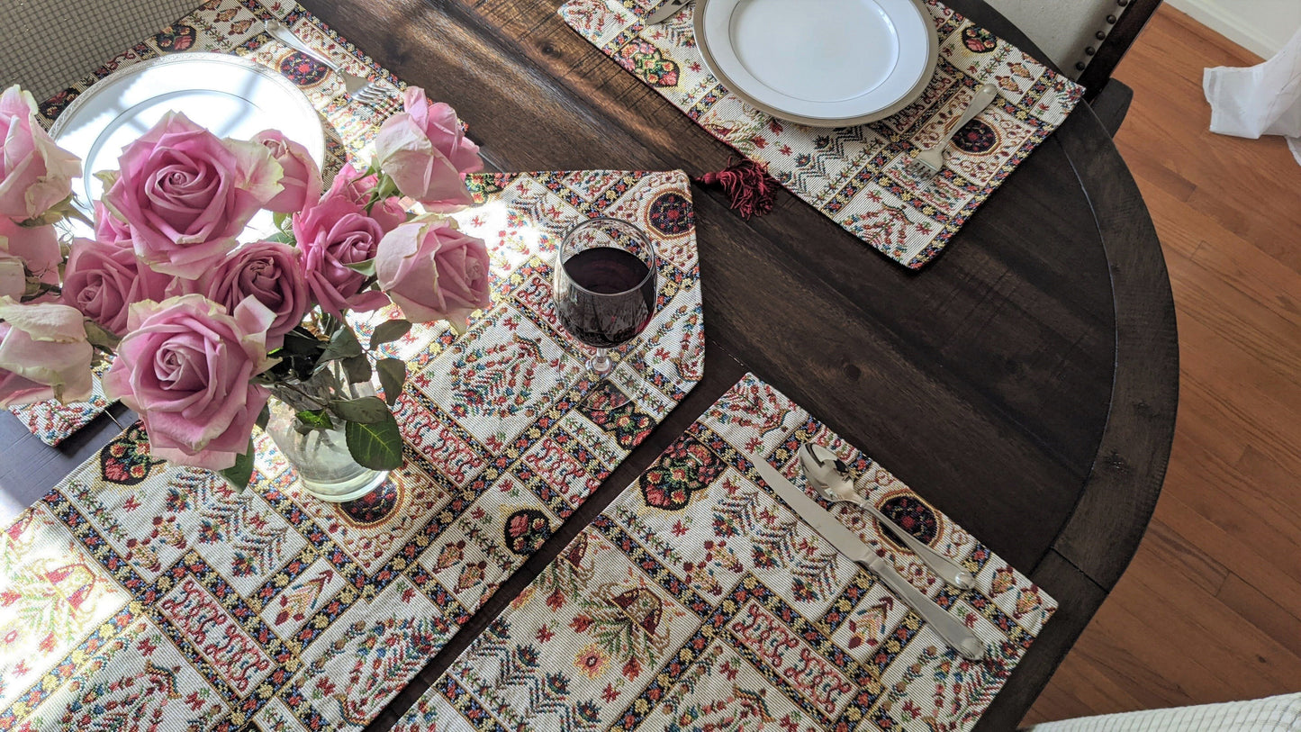 Cottage Mughal Floral Woven Tapestry Table Runner, Light Fleur White Botanical Vintage (18196)