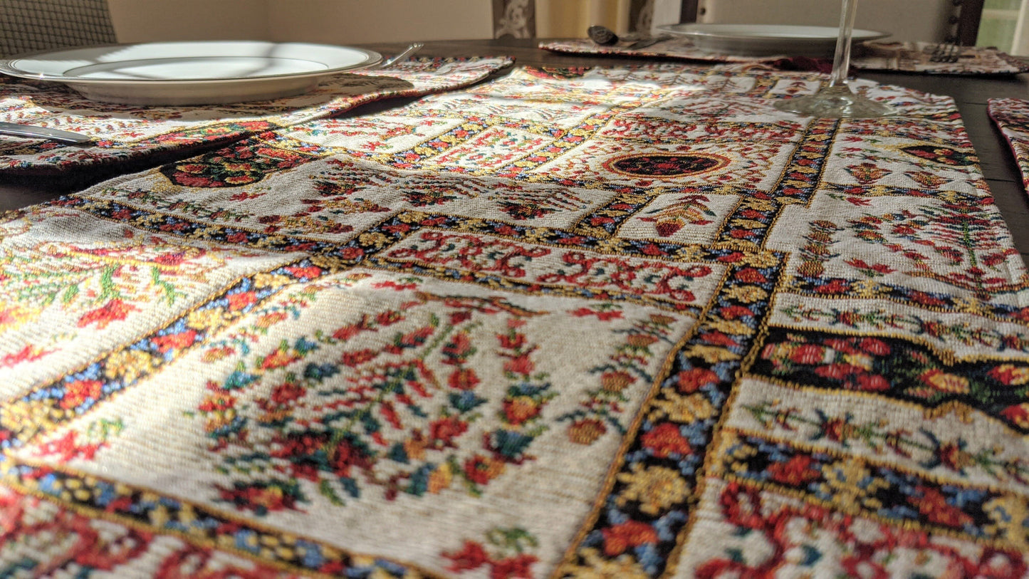 Cottage Mughal Floral Woven Tapestry Table Runner, Light Fleur White Botanical Vintage (18196)