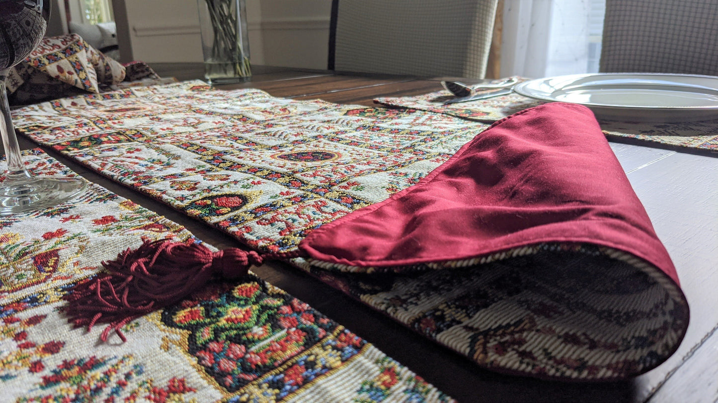 Cottage Mughal Floral Woven Tapestry Table Runner, Light Fleur White Botanical Vintage (18196)