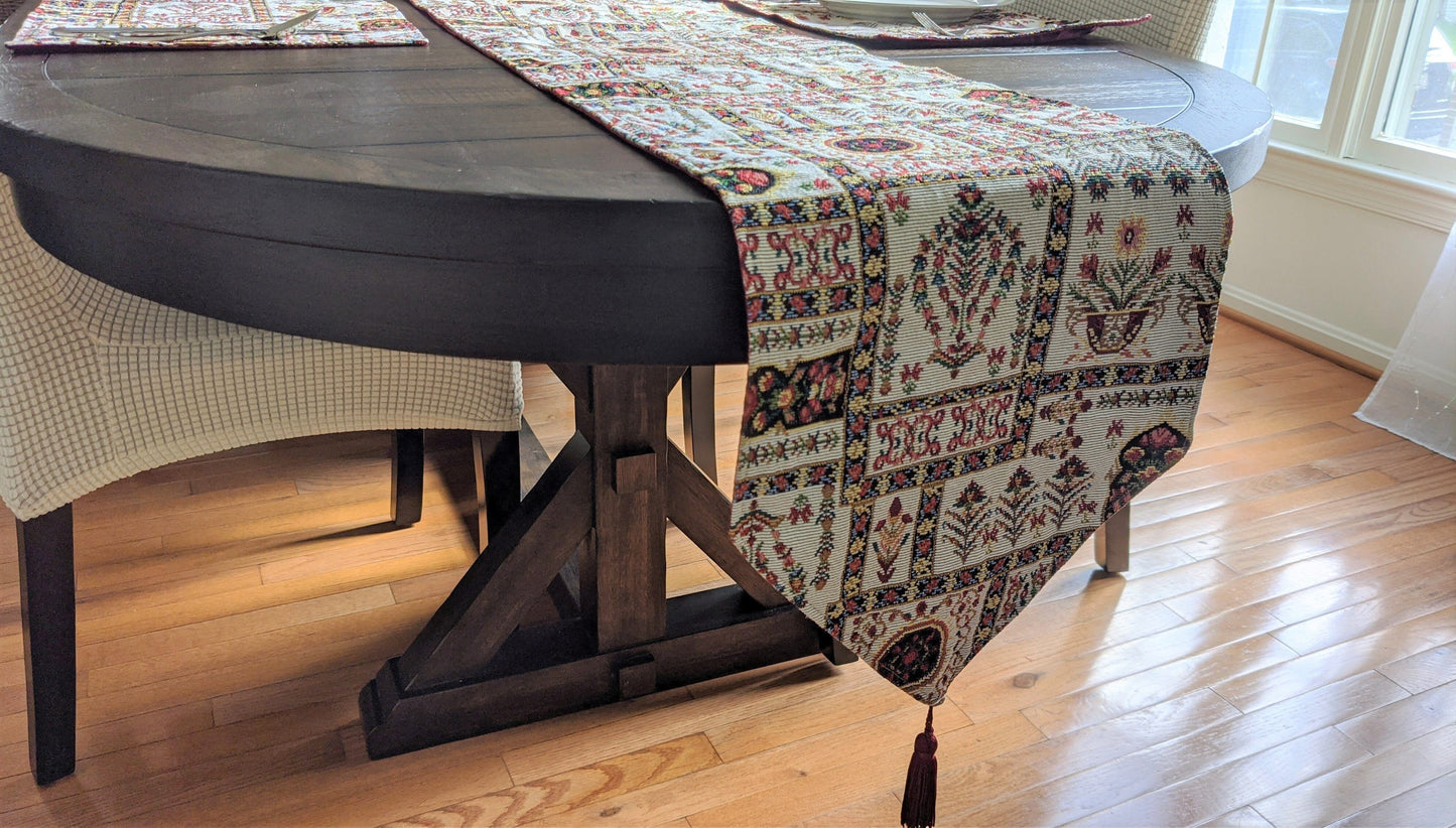 Cottage Mughal Floral Woven Tapestry Table Runner, Light Fleur White Botanical Vintage (18196)