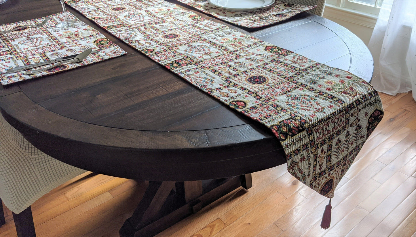 Cottage Mughal Floral Woven Tapestry Table Runner, Light Fleur White Botanical Vintage (18196)