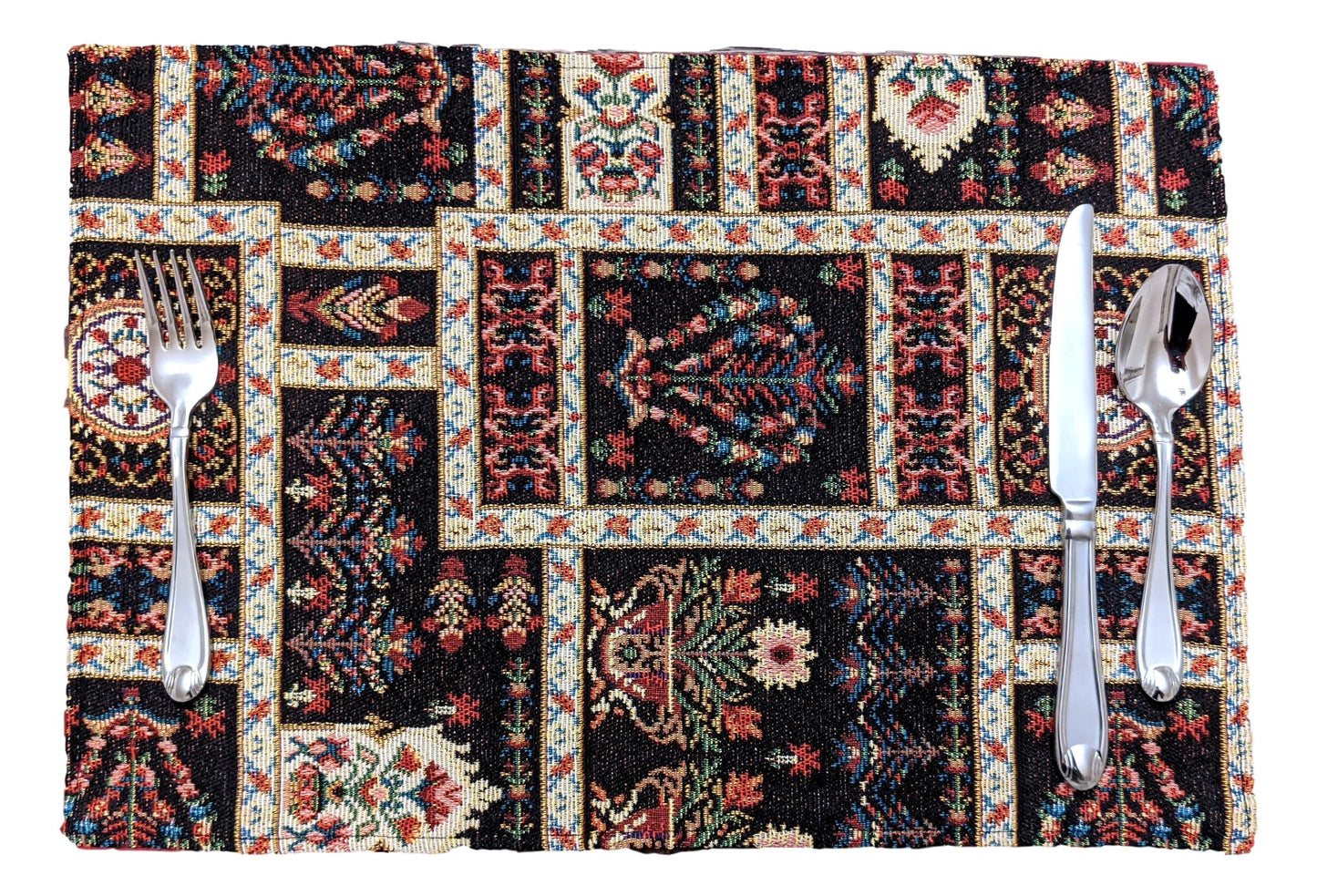 Set of 4-Pieces Dark Noir Mughal Floral Botanical Vintage Fleur Tapestry Placemats 13" x 19" (18197)
