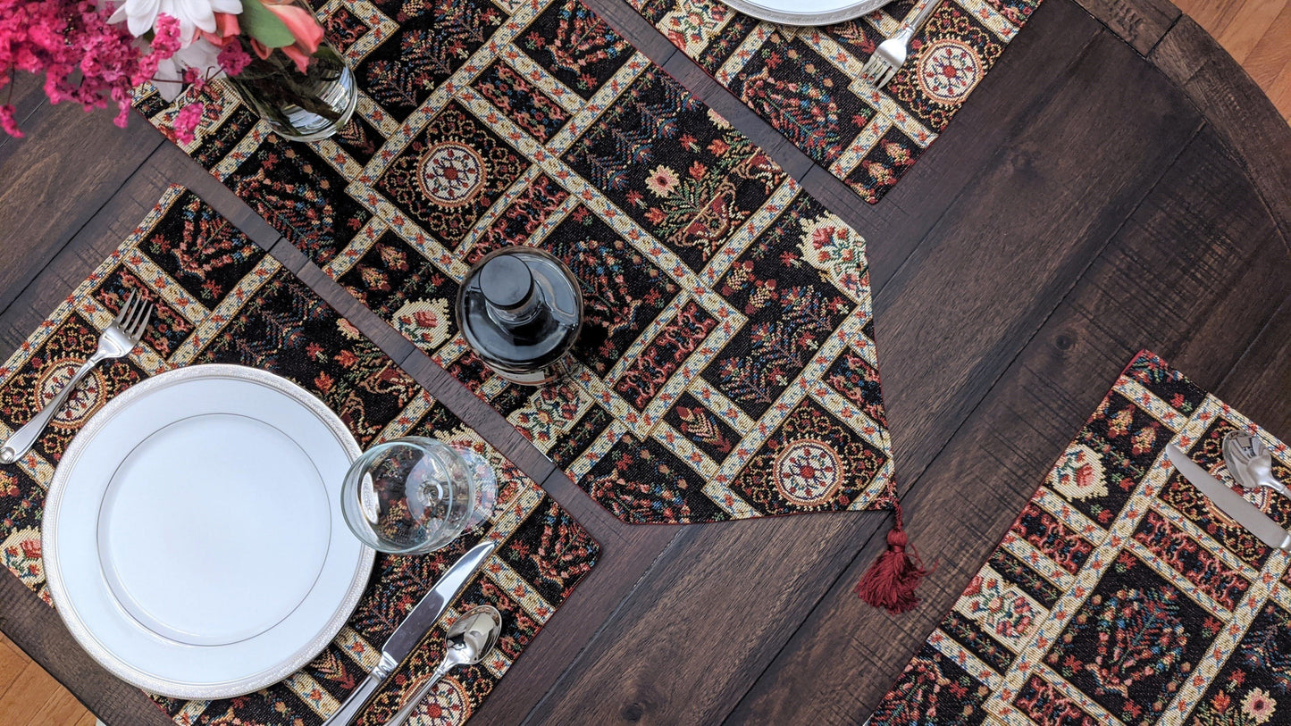 Elegant Woven Mughal Floral Tapestry Table Runner, Dark Noir Botanical Vintage Fleur (18197)