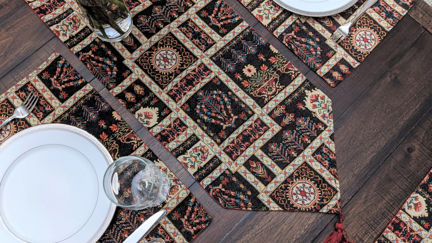 Elegant Woven Mughal Floral Tapestry Table Runner, Dark Noir Botanical Vintage Fleur (18197)