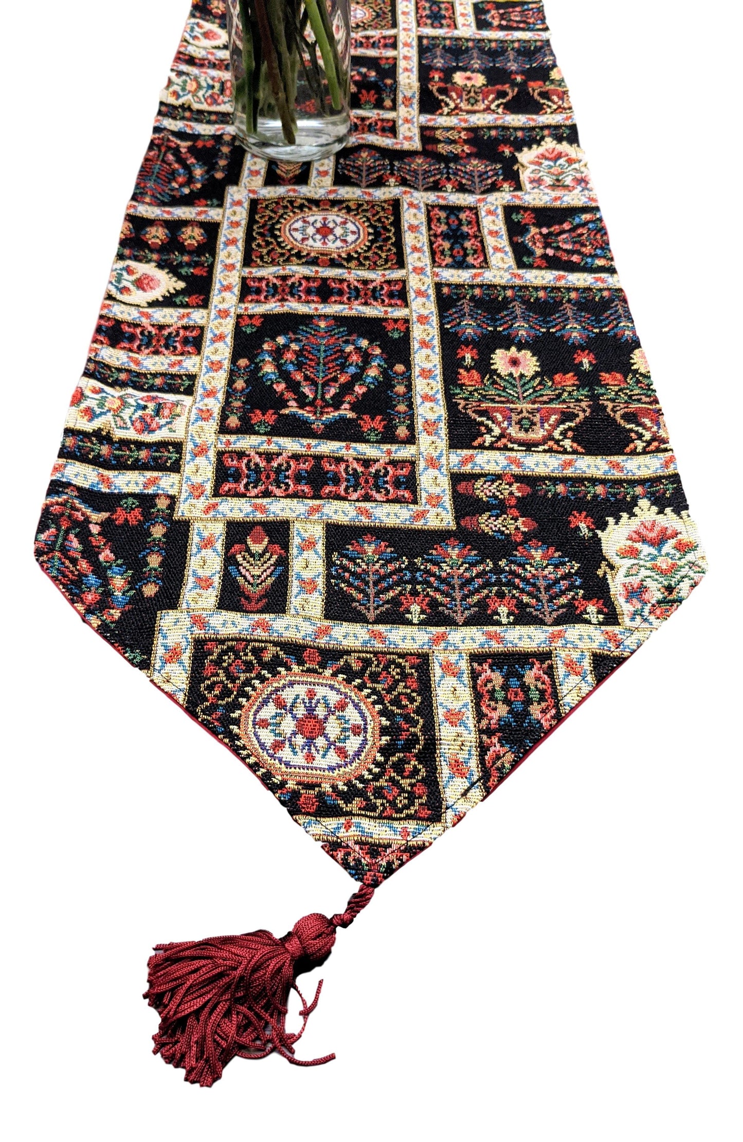 Elegant Woven Mughal Floral Tapestry Table Runner, Dark Noir Botanical Vintage Fleur (18197)