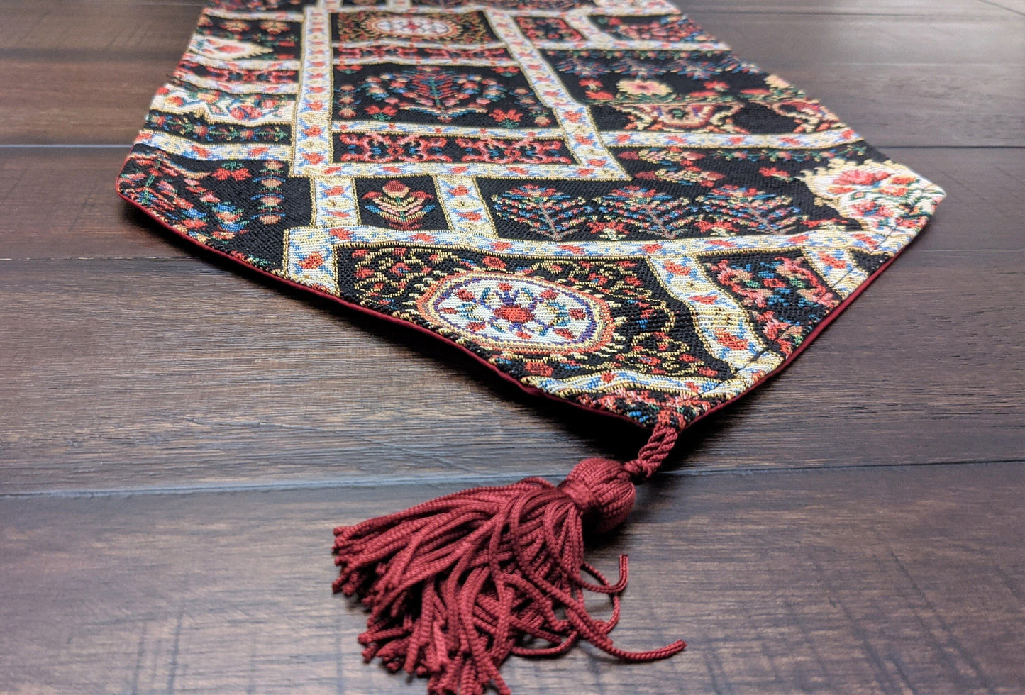 Elegant Woven Mughal Floral Tapestry Table Runner, Dark Noir Botanical Vintage Fleur (18197)