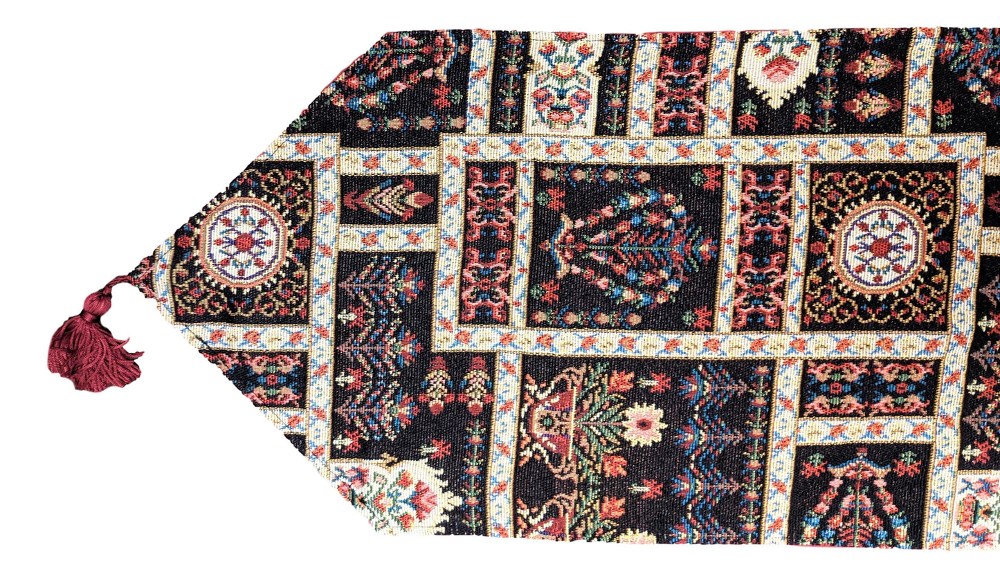 Elegant Woven Mughal Floral Tapestry Table Runner, Dark Noir Botanical Vintage Fleur (18197)