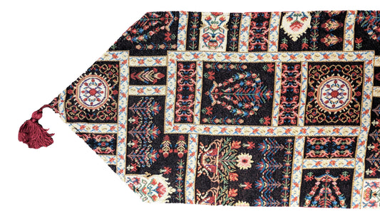Elegant Woven Mughal Floral Tapestry Table Runner, Dark Noir Botanical Vintage Fleur (18197)