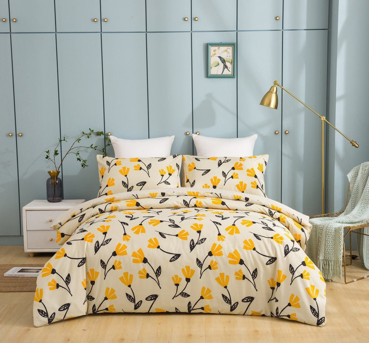 Yellow Fleur Floral Golden Orange Ivory Duvet Cover Set w/ Pillow Cases
