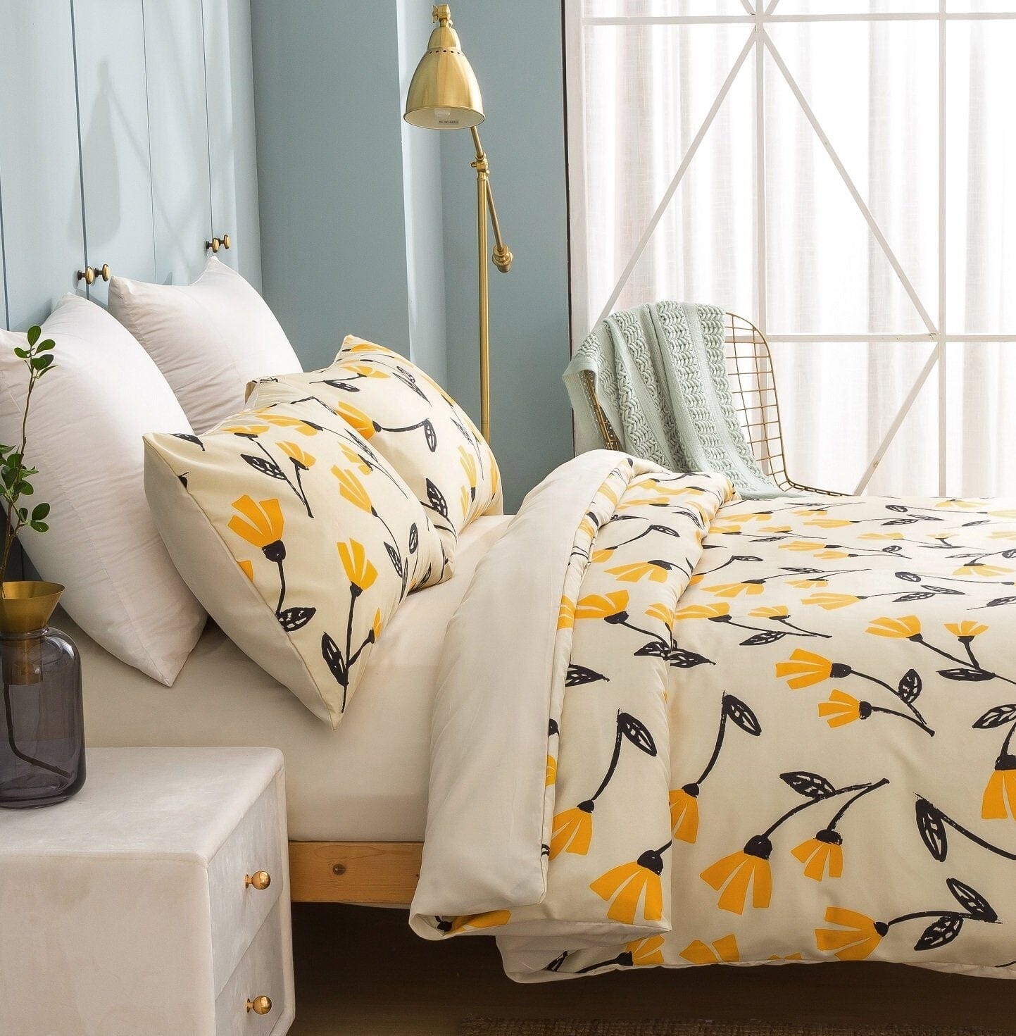 Yellow Fleur Floral Golden Orange Ivory Duvet Cover Set w/ Pillow Cases