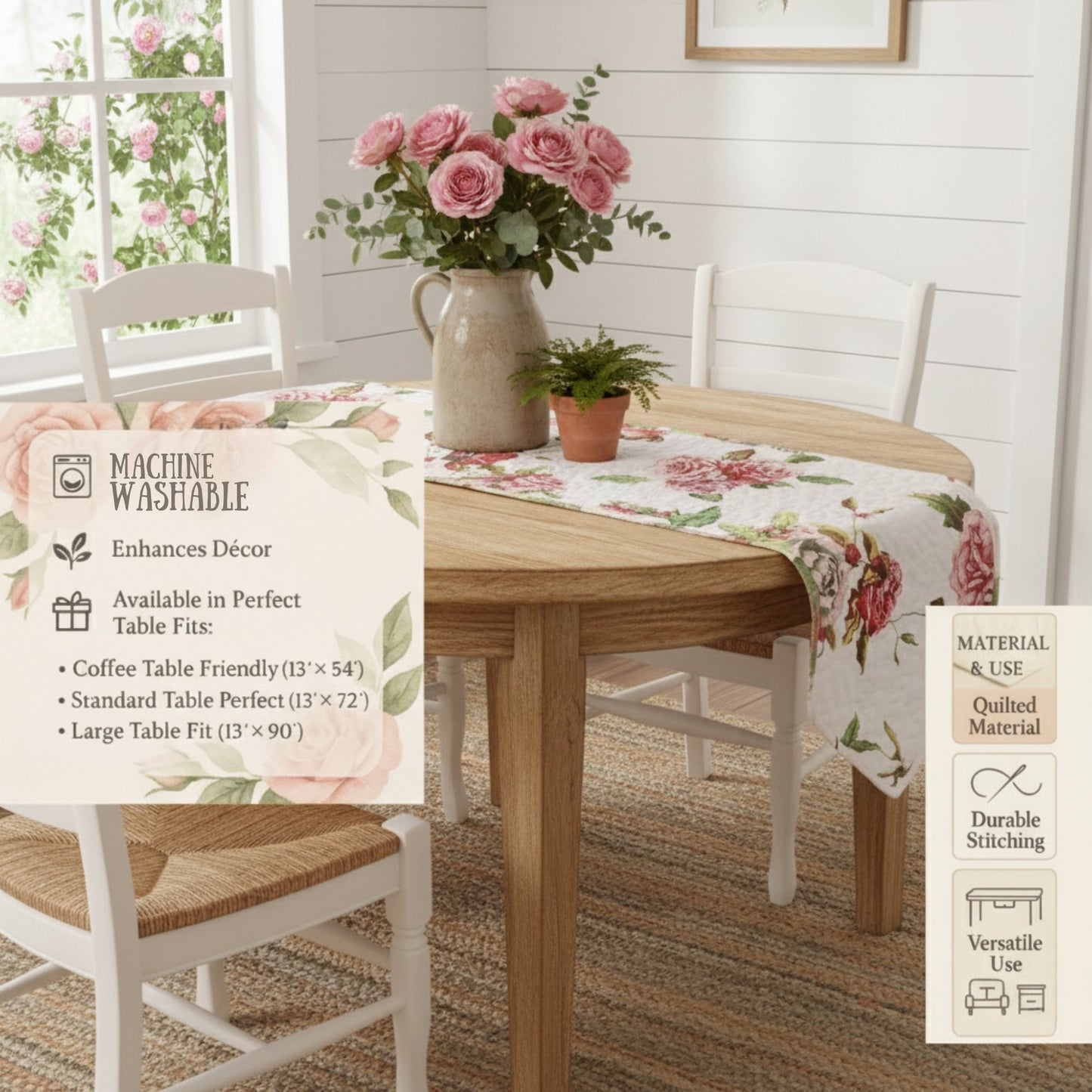Romantic Roses Pink White Lovely Floral Quilted Dining Table Runner
