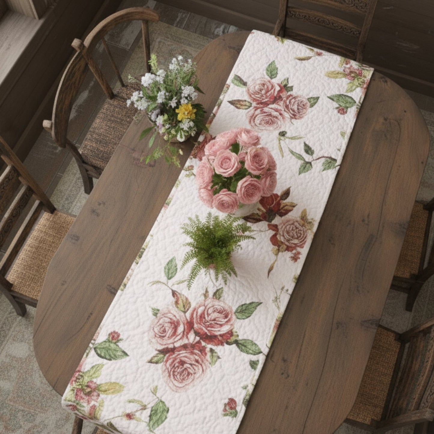 Romantic Roses Pink White Lovely Floral Quilted Dining Table Runner