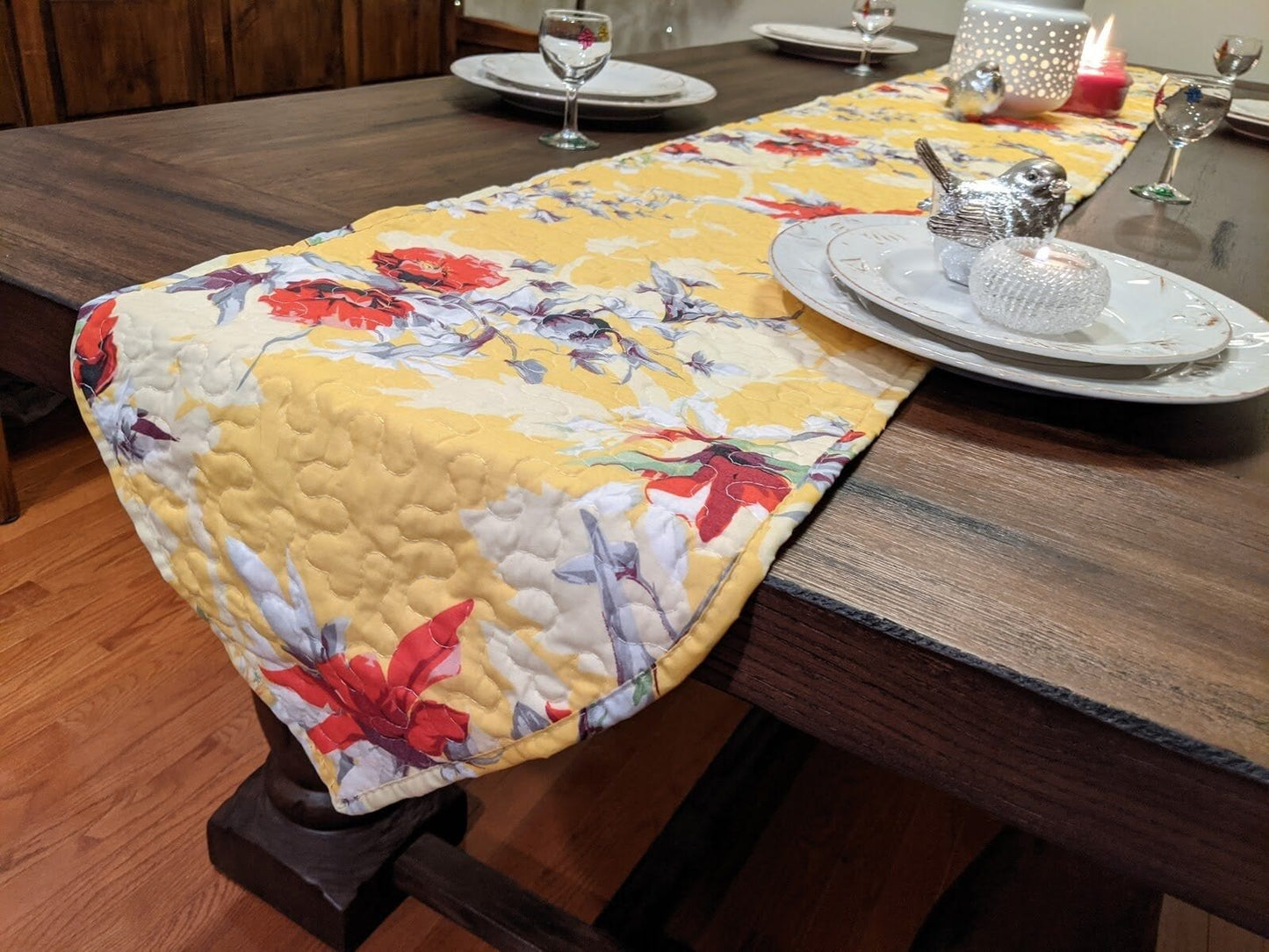 Sunshine Yellow Floral Vintage Hummingbirds Garden Table Runner
