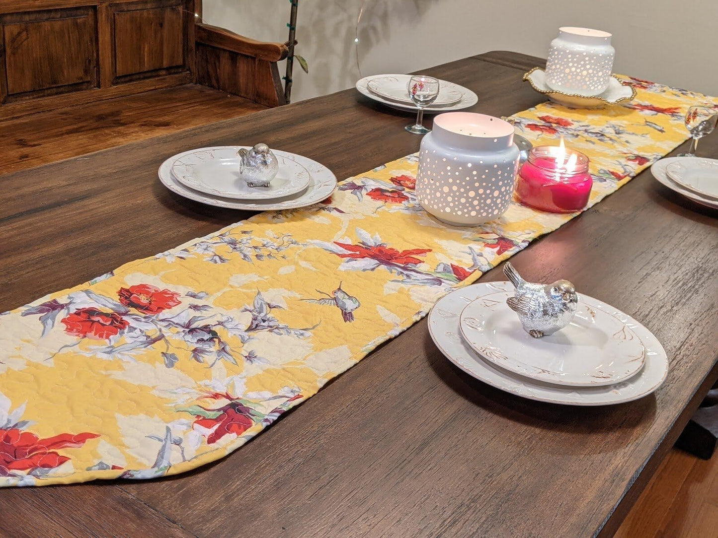 Sunshine Yellow Floral Vintage Hummingbirds Garden Table Runner