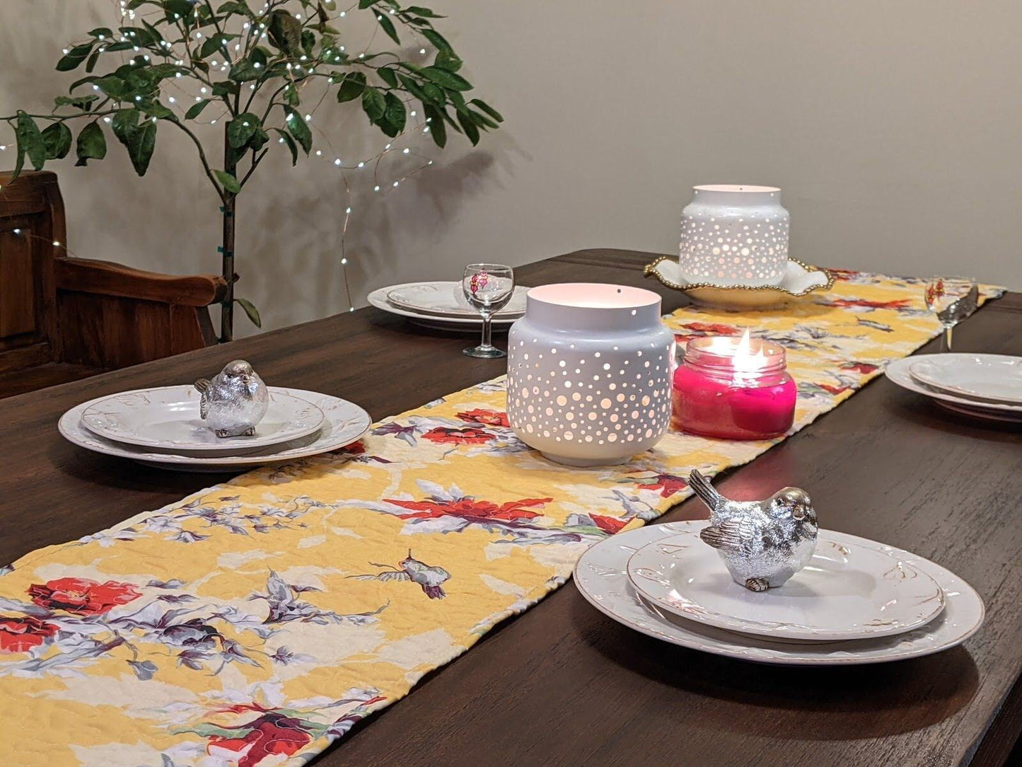 Sunshine Yellow Floral Vintage Hummingbirds Garden Table Runner