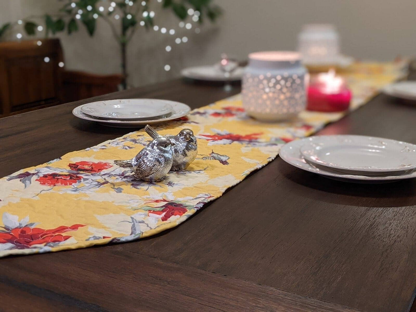 Sunshine Yellow Floral Vintage Hummingbirds Garden Table Runner
